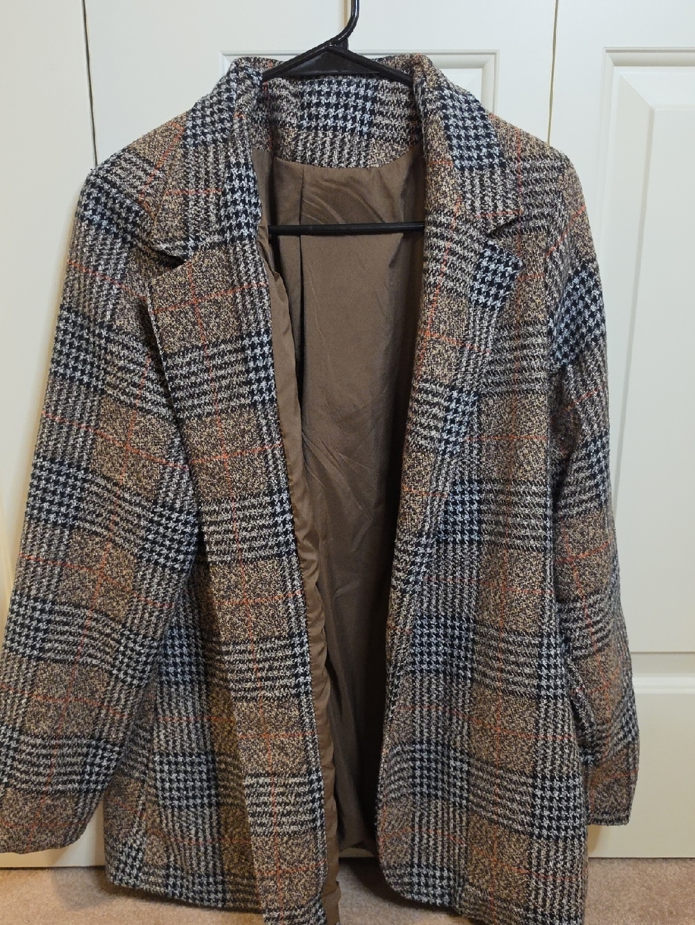 SHEIN Plaid Open Front Coat in Black, Brown, Tan